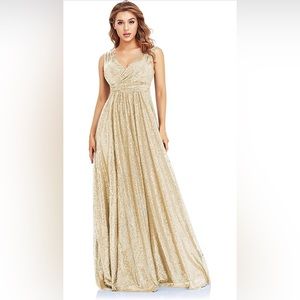 Long formal gold sequin dress.
